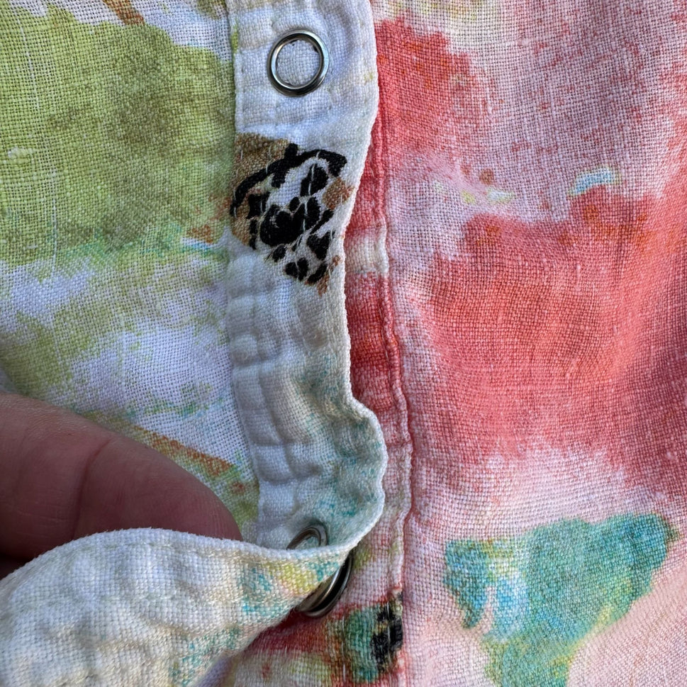 Chicos Vintage Womens Linen Pastel Floral Snap Button Long Sleeve Summer Shirt A