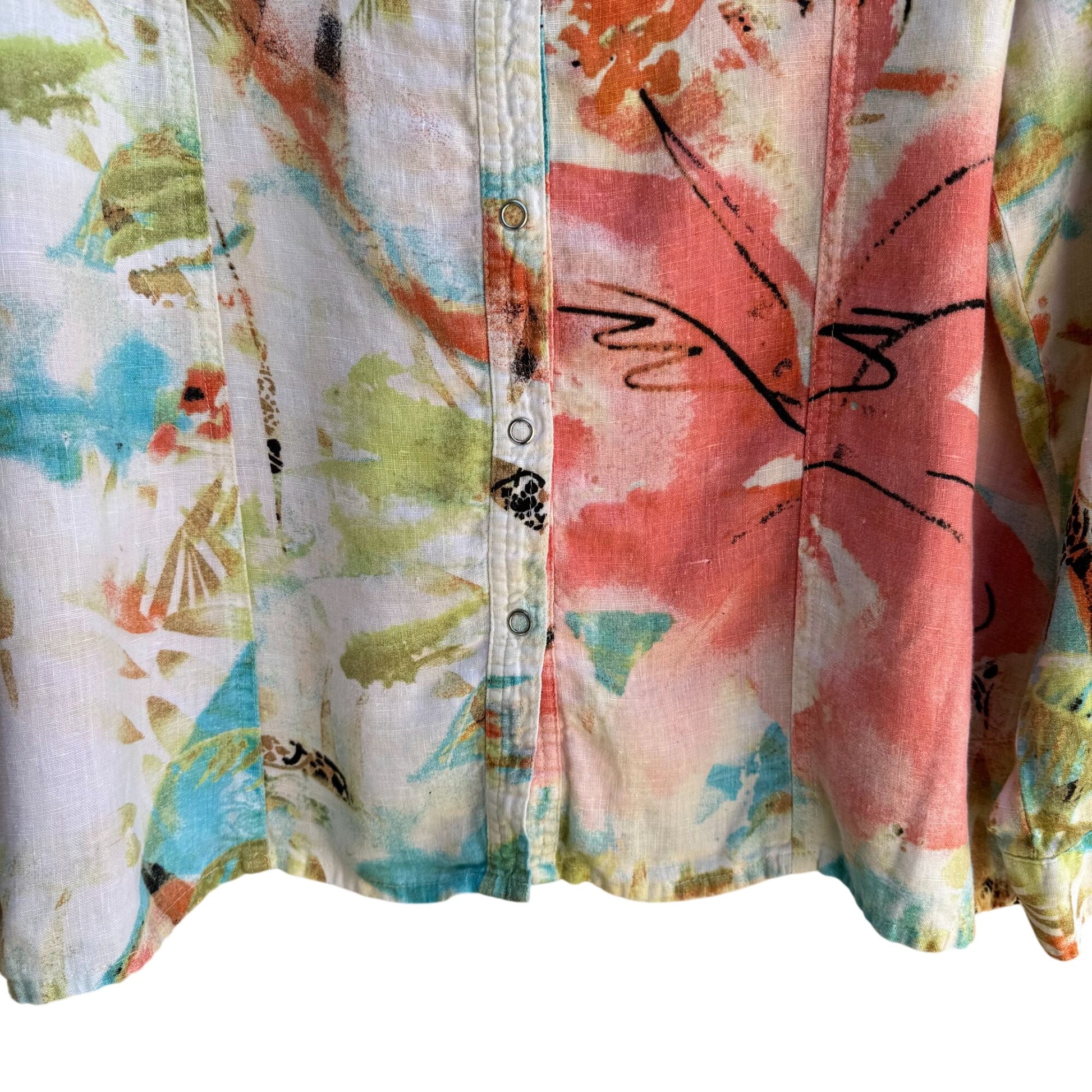 Chicos Vintage Womens Linen Pastel Floral Snap Button Long Sleeve Summer Shirt A