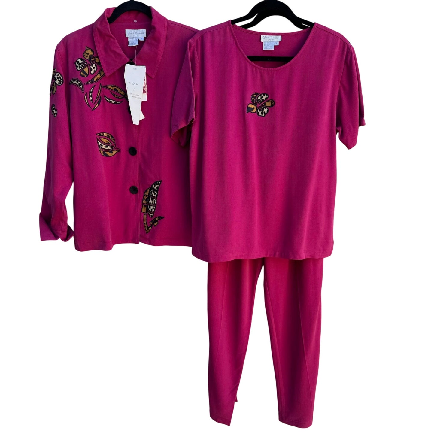 Great Cavalier Womens 3-Piece Pink Silk Blend Animal Print Embroidery Set New S