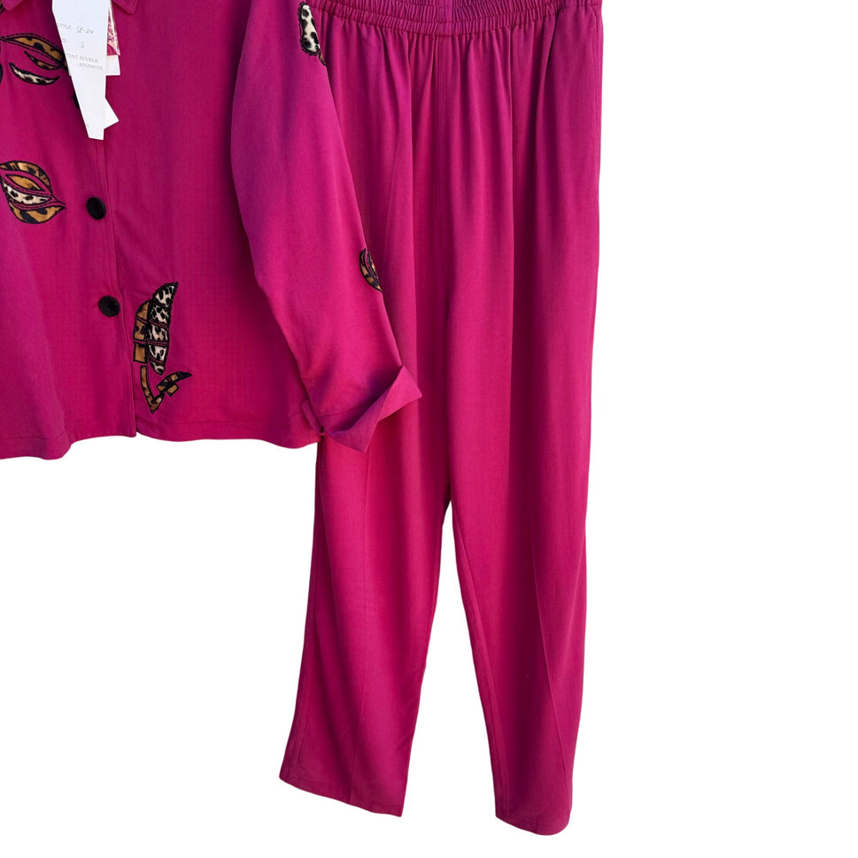 Great Cavalier Womens 3-Piece Pink Silk Blend Animal Print Embroidery Set New S