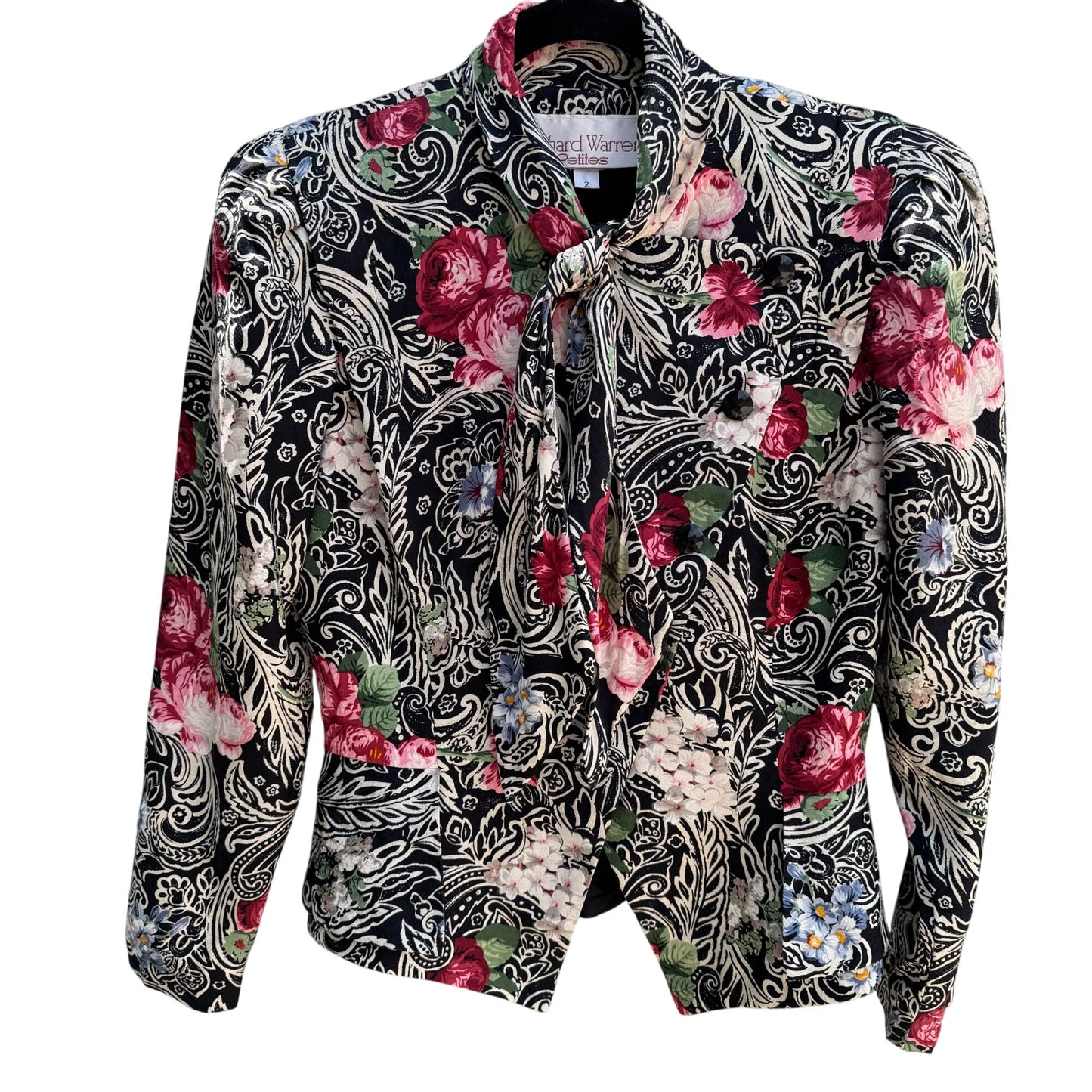 Richard Warren Petites Vintage Floral Print Long-Sleeve Tie Neck Peplum Blazer 2