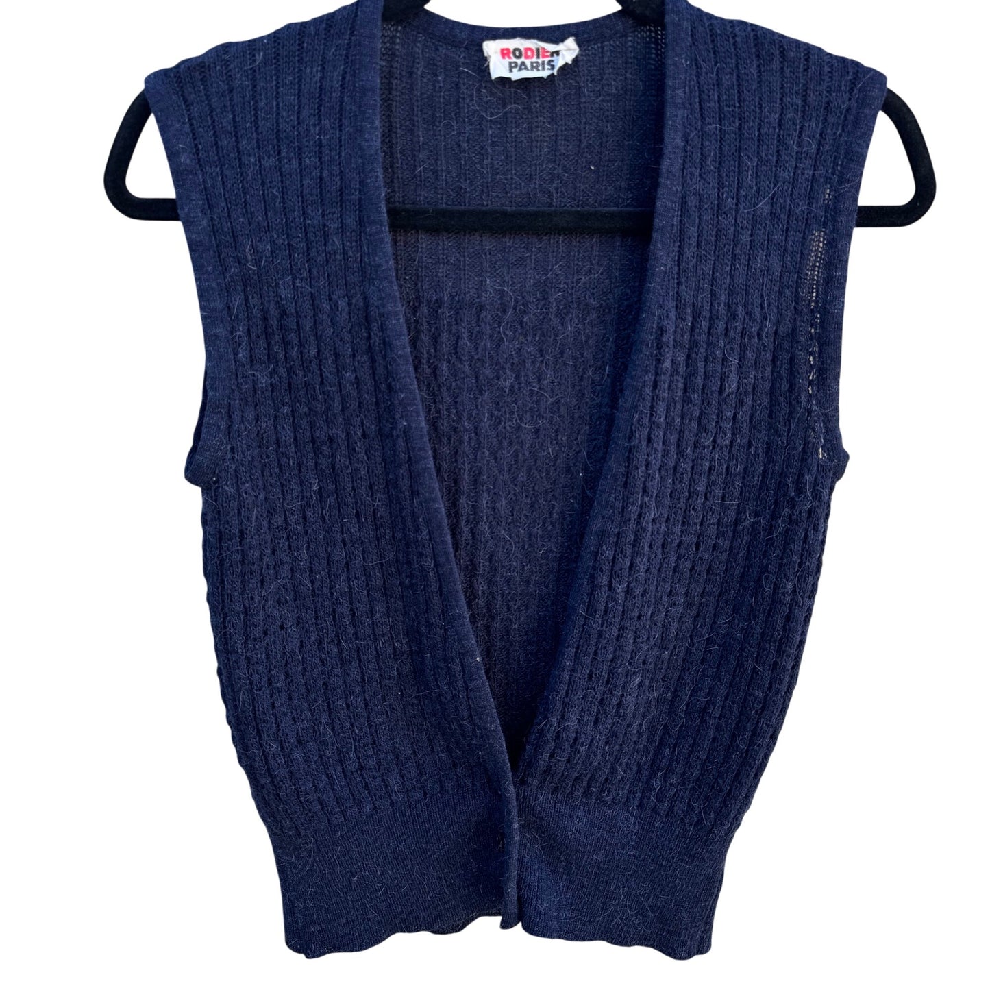 Rodier Paris Vintage Womens Navy Ribbed Knit Cardigan Front Button Closure Vest