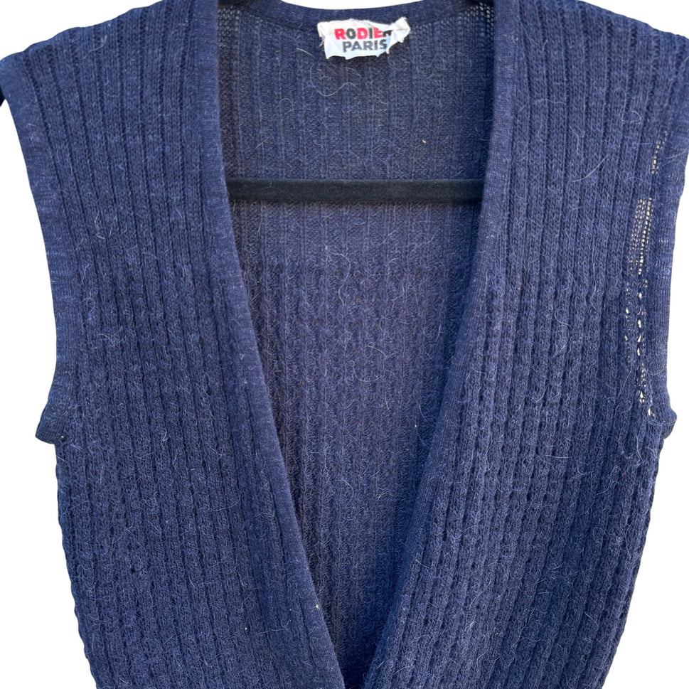 Rodier Paris Vintage Womens Navy Ribbed Knit Cardigan Front Button Closure Vest