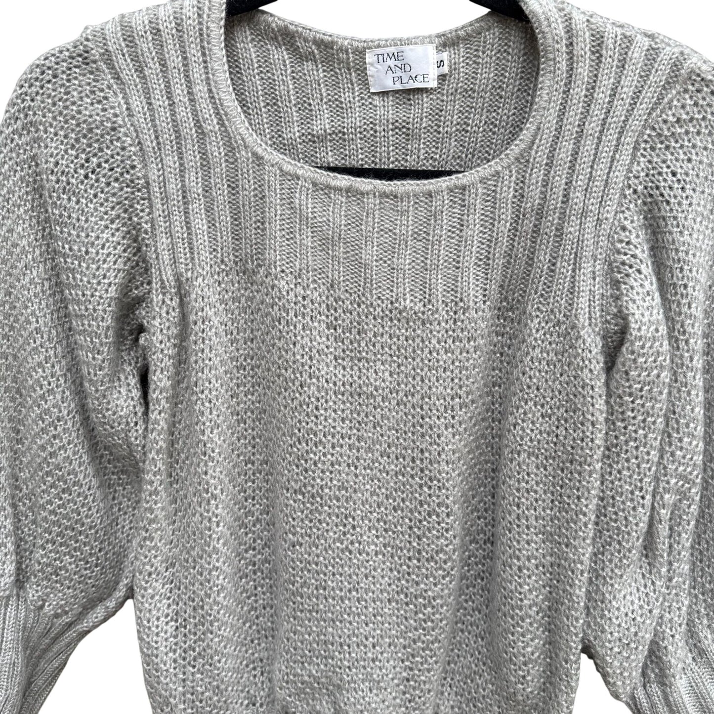 Time & Place Vintage 80s Womens Puff Sleeve Gray Knit Sweater Scoop Neck Cropped