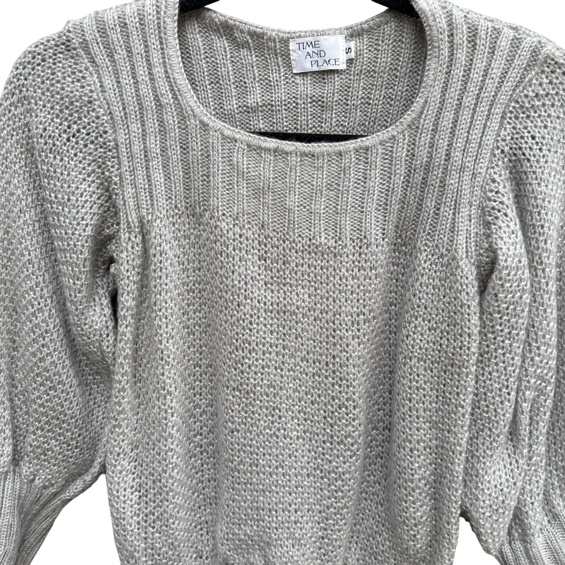 Time & Place Vintage 80s Womens Puff Sleeve Gray Knit Sweater Scoop Neck Cropped