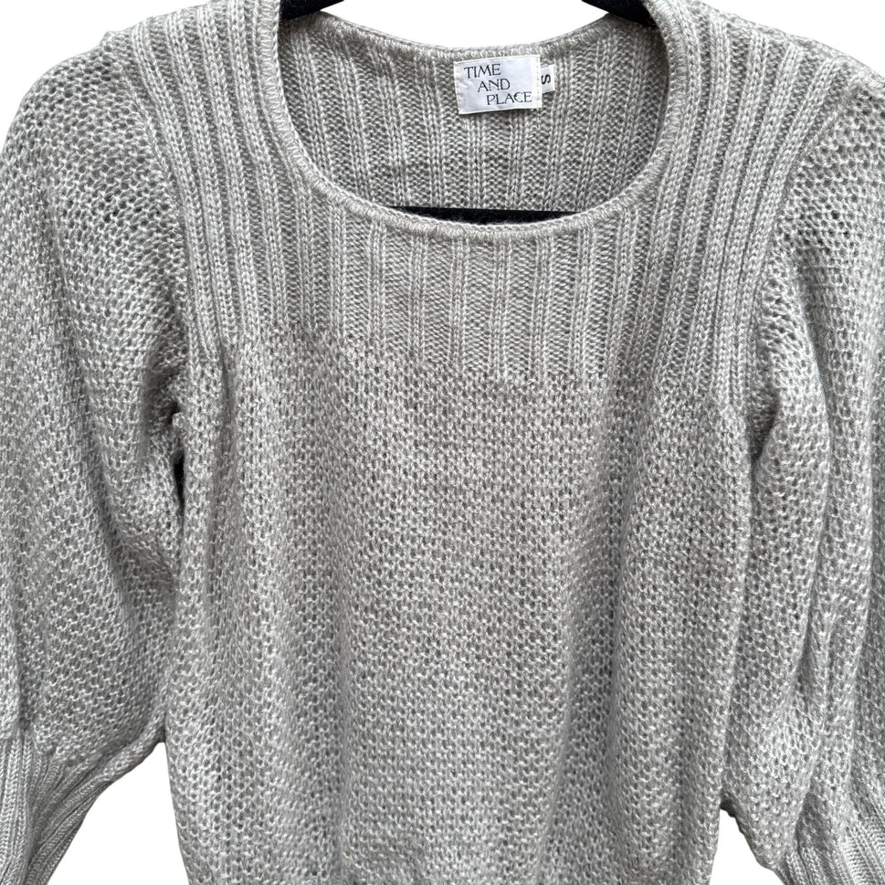 Time & Place Vintage 80s Womens Puff Sleeve Gray Knit Sweater Scoop Neck Cropped
