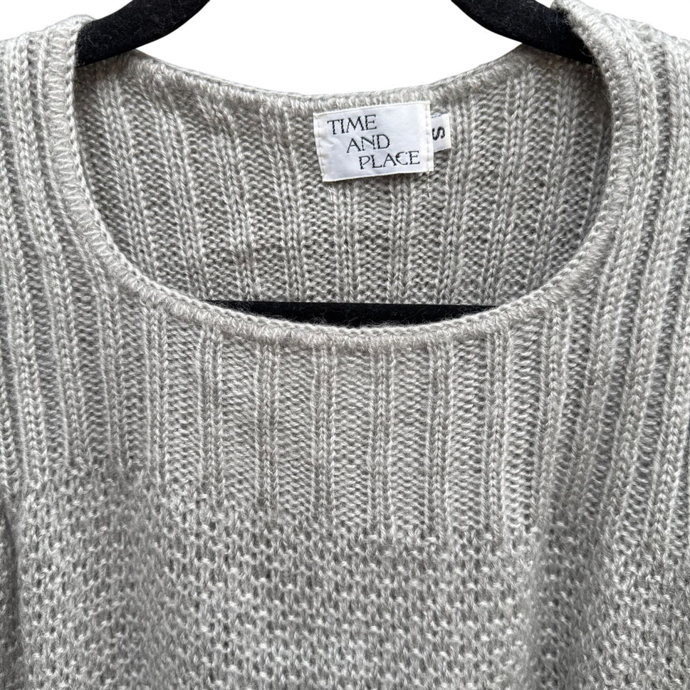 Time & Place Vintage 80s Womens Puff Sleeve Gray Knit Sweater Scoop Neck Cropped