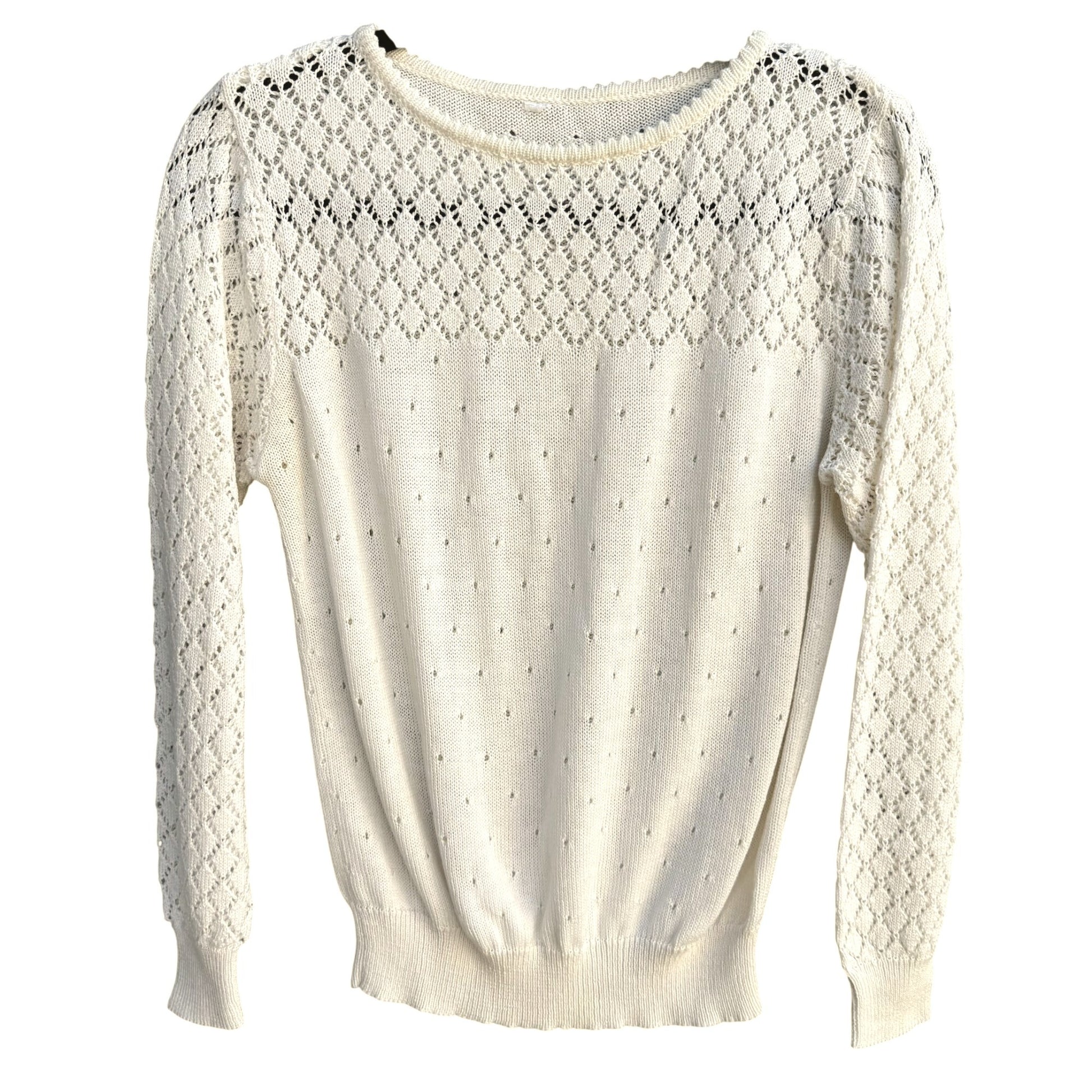 Vintage Coquette Pointelle Knit Sweater White Openwork Lacy Long Sleeve Top M/L