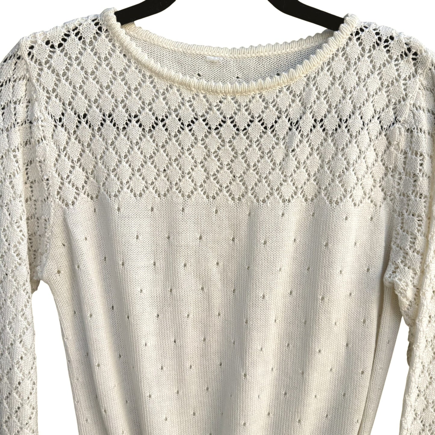Vintage Coquette Pointelle Knit Sweater White Openwork Lacy Long Sleeve Top M/L