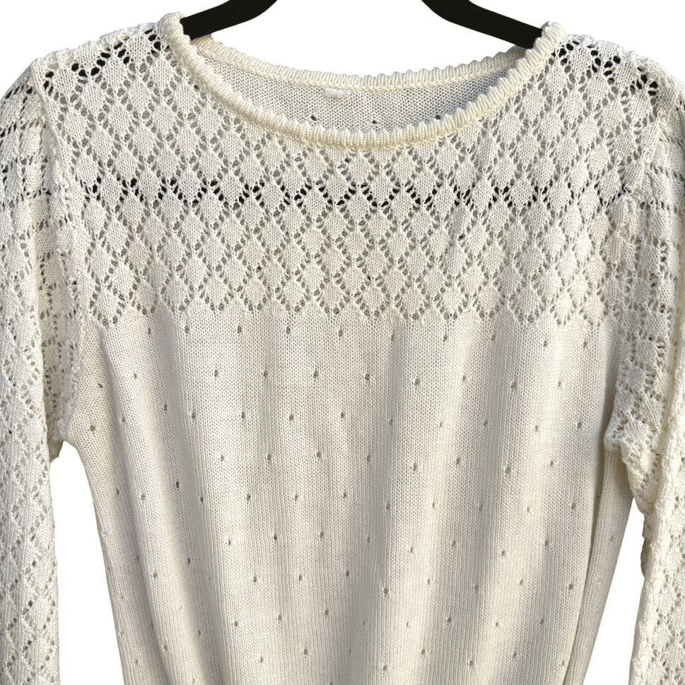 Vintage Coquette Pointelle Knit Sweater White Openwork Lacy Long Sleeve Top M/L