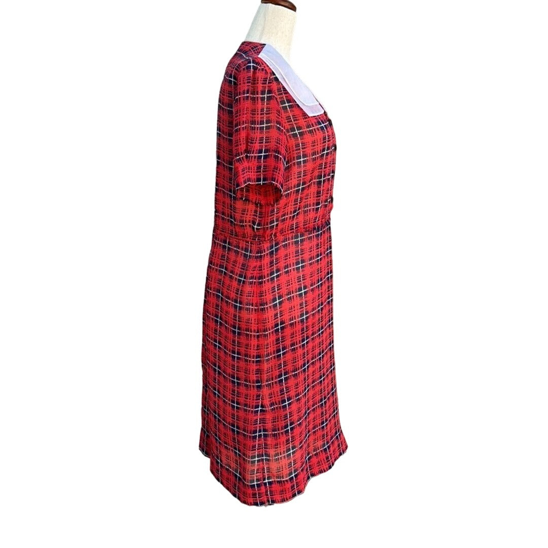 Vintage Women's 70s Red Plaid Semi Sheer White Sailor Collar Puff Sleeve Dress