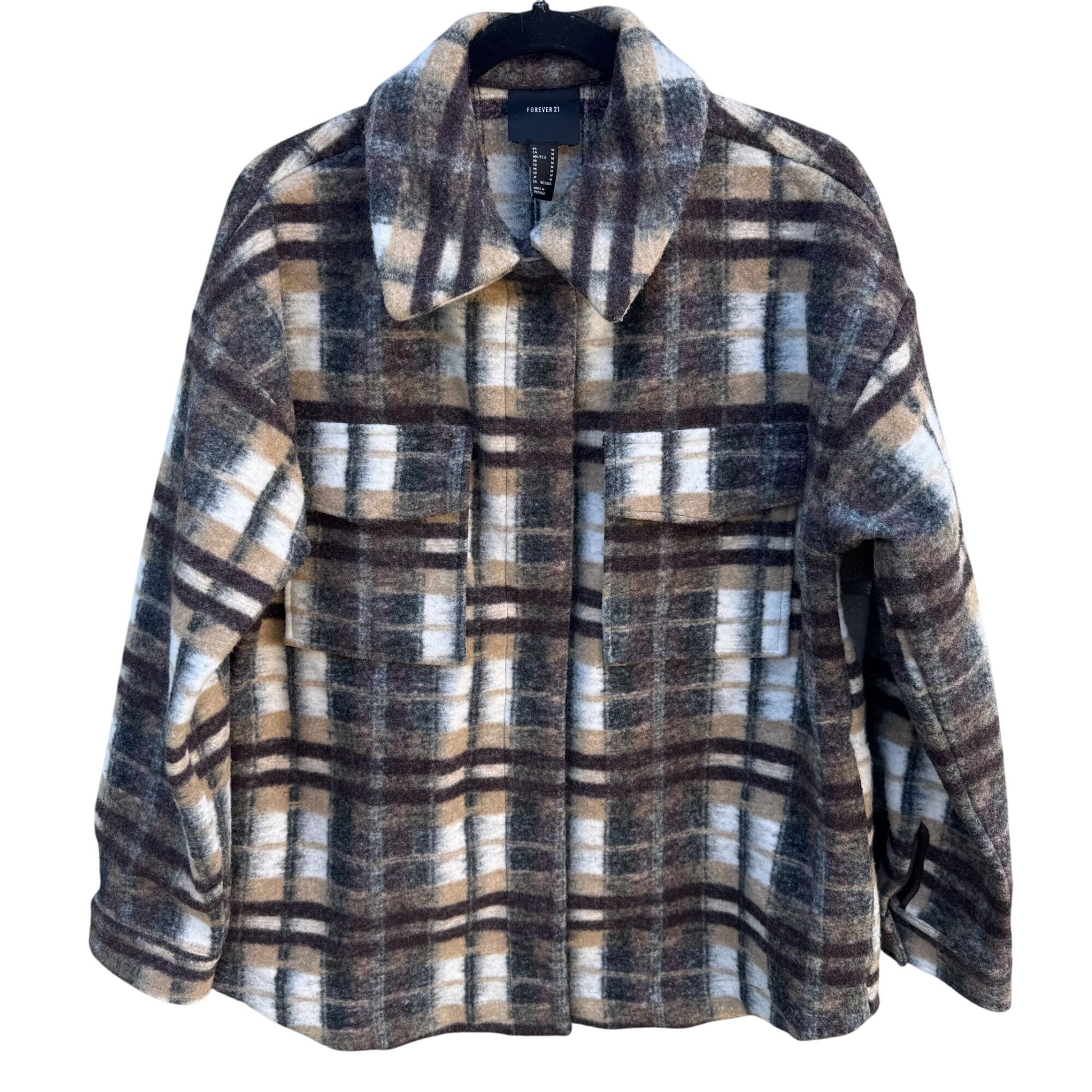 Forever 21 Plaid Flannel Y2K Grunge Oversized Jacket M Brown Beige Wool Blend