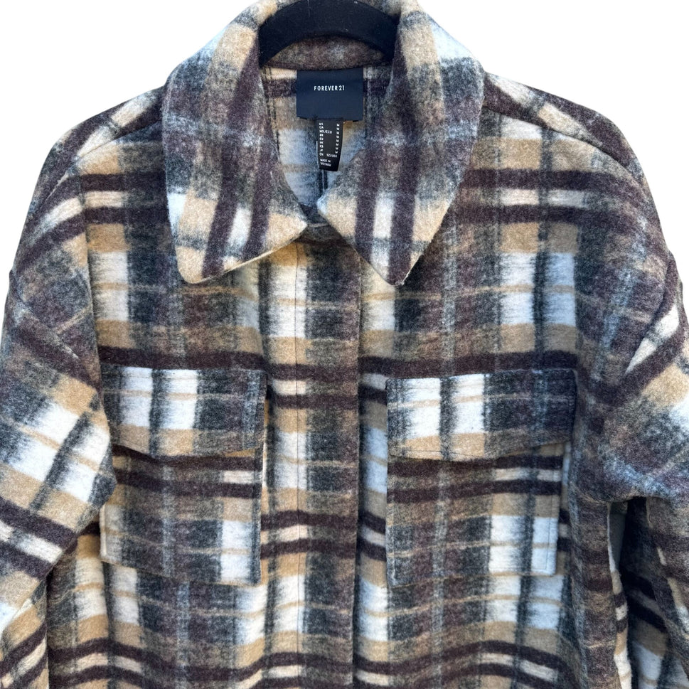 Forever 21 Plaid Flannel Y2K Grunge Oversized Jacket M Brown Beige Wool Blend