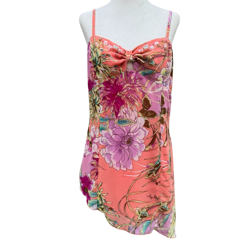 Latina Life Vintage Y2K Floral Coquette Fairy Cami Top Coral Pink Sequin Bow XL