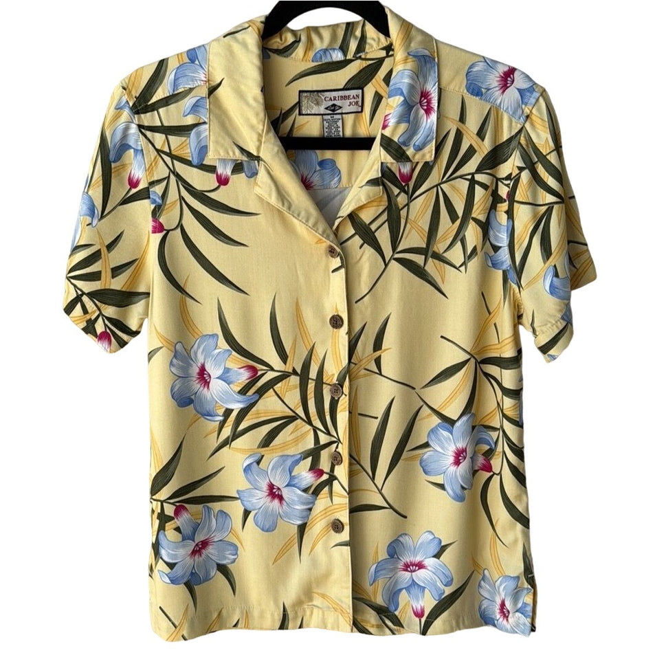 Caribbean Joe Vintage Women's Floral Hawaiian Short Sleeve Button Up Shirt - M