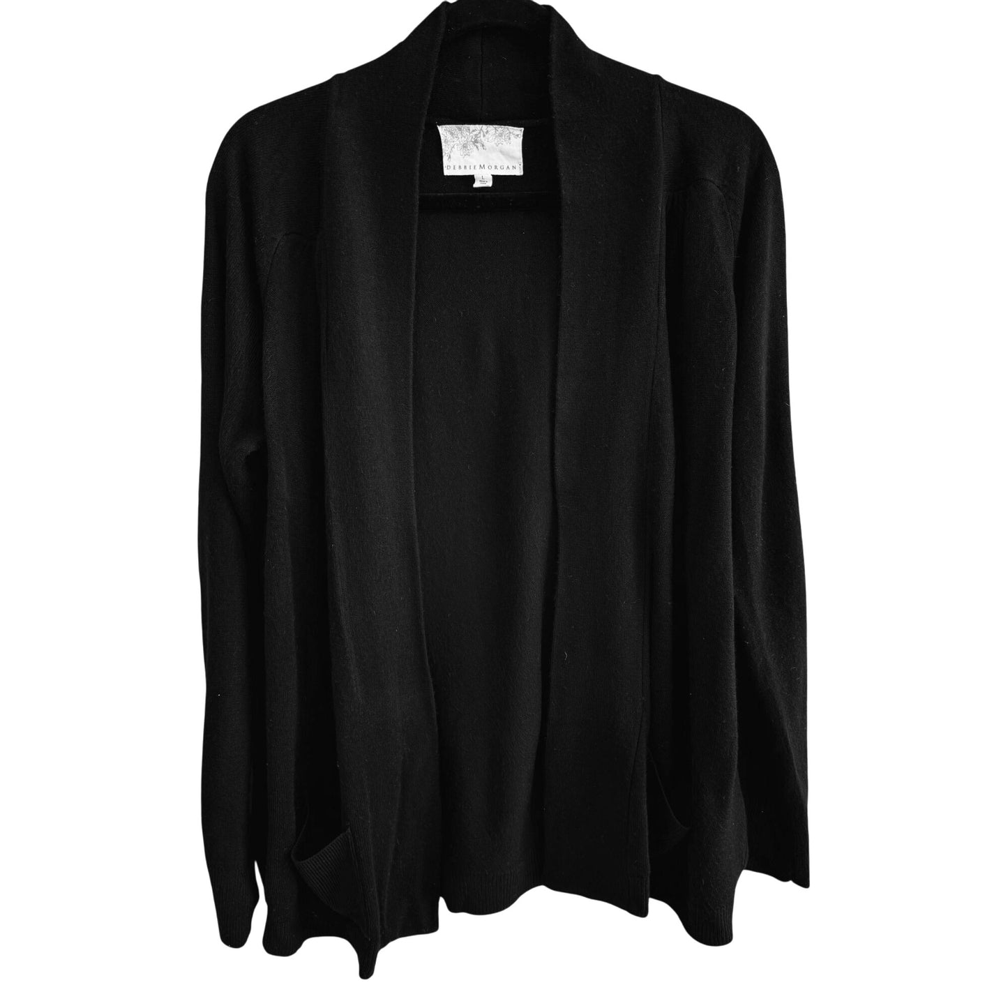 Debbie Morgan Womens Open Front Black Knit Pocket Long Sleeve Cardigan Sweater L