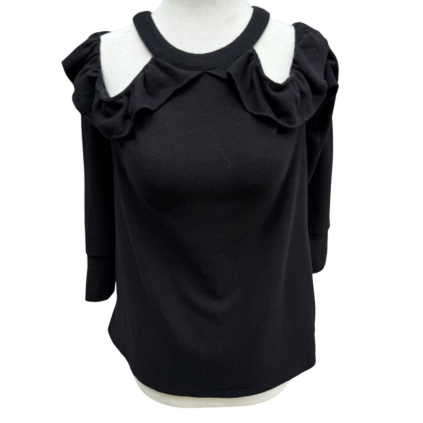 1.STATE Coquette Romantic Goth Cold Shoulder Ruffle Knit Top Keyhole Back XS