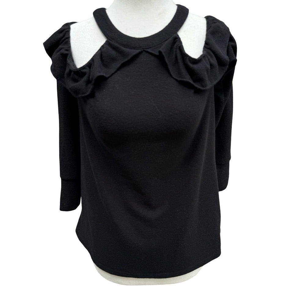 1.STATE Coquette Romantic Goth Cold Shoulder Ruffle Knit Top Keyhole Back XS