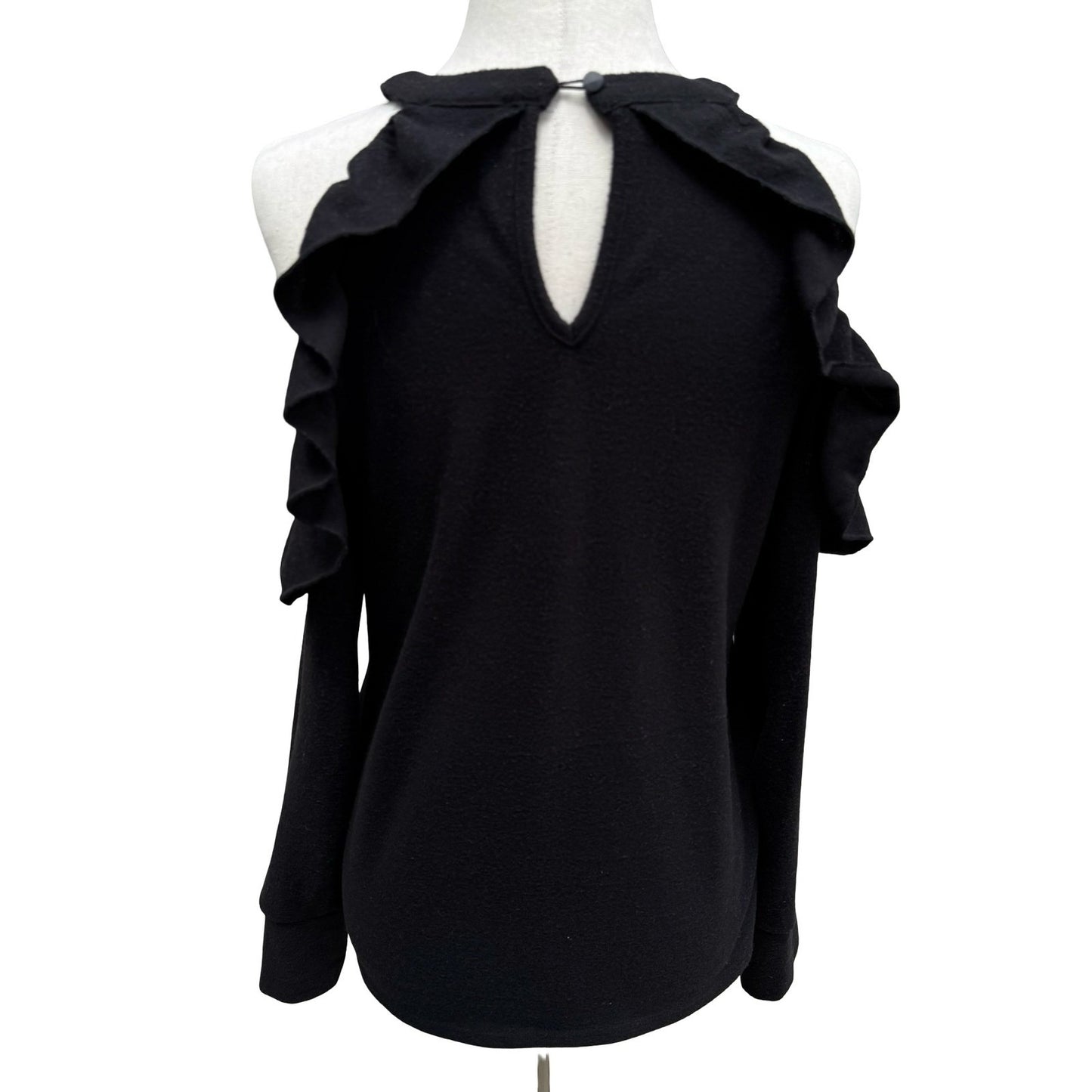 1.STATE Coquette Romantic Goth Cold Shoulder Ruffle Knit Top Keyhole Back XS