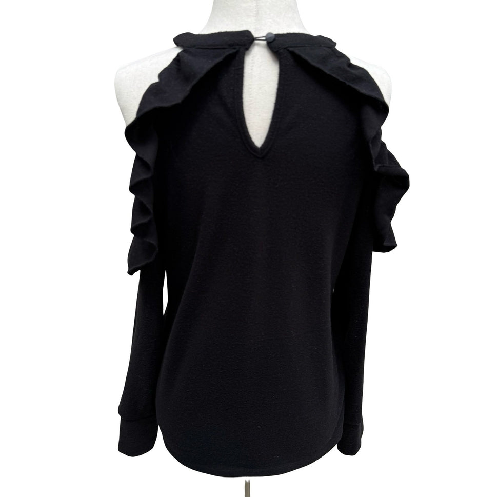 1.STATE Coquette Romantic Goth Cold Shoulder Ruffle Knit Top Keyhole Back XS