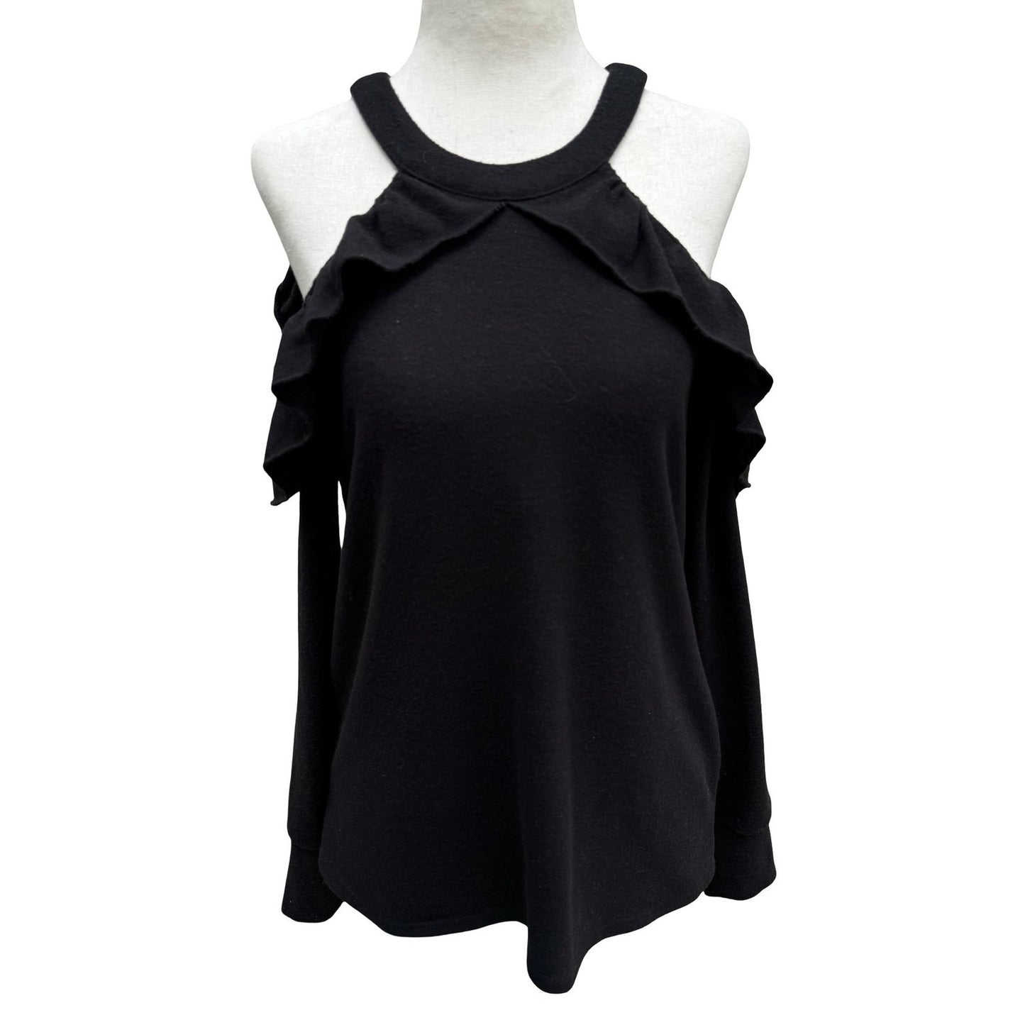 1.STATE Coquette Romantic Goth Cold Shoulder Ruffle Knit Top Keyhole Back XS