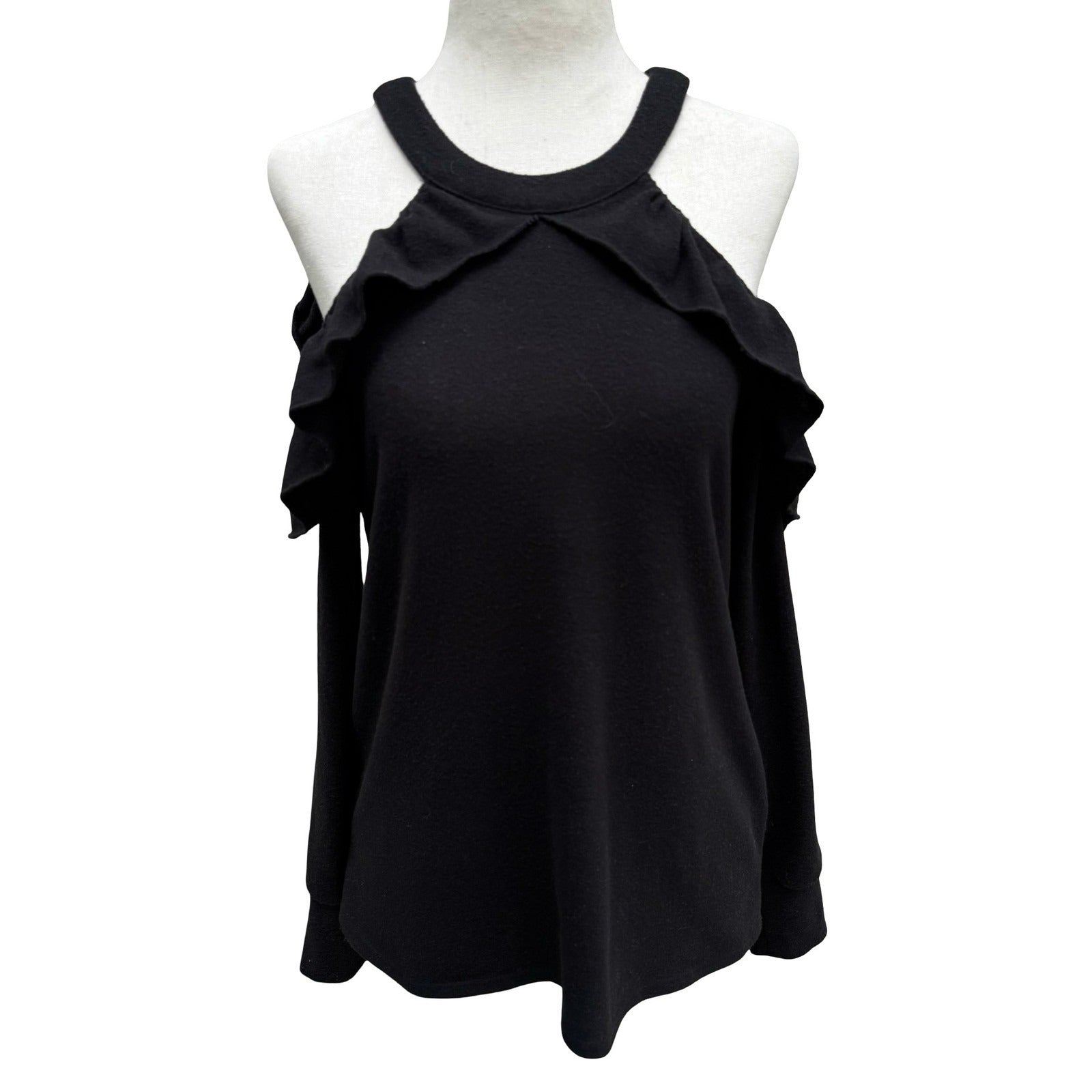 1.STATE Coquette Romantic Goth Cold Shoulder Ruffle Knit Top Keyhole Back XS