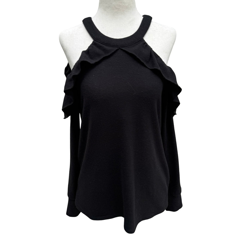 1.STATE Coquette Romantic Goth Cold Shoulder Ruffle Knit Top Keyhole Back XS
