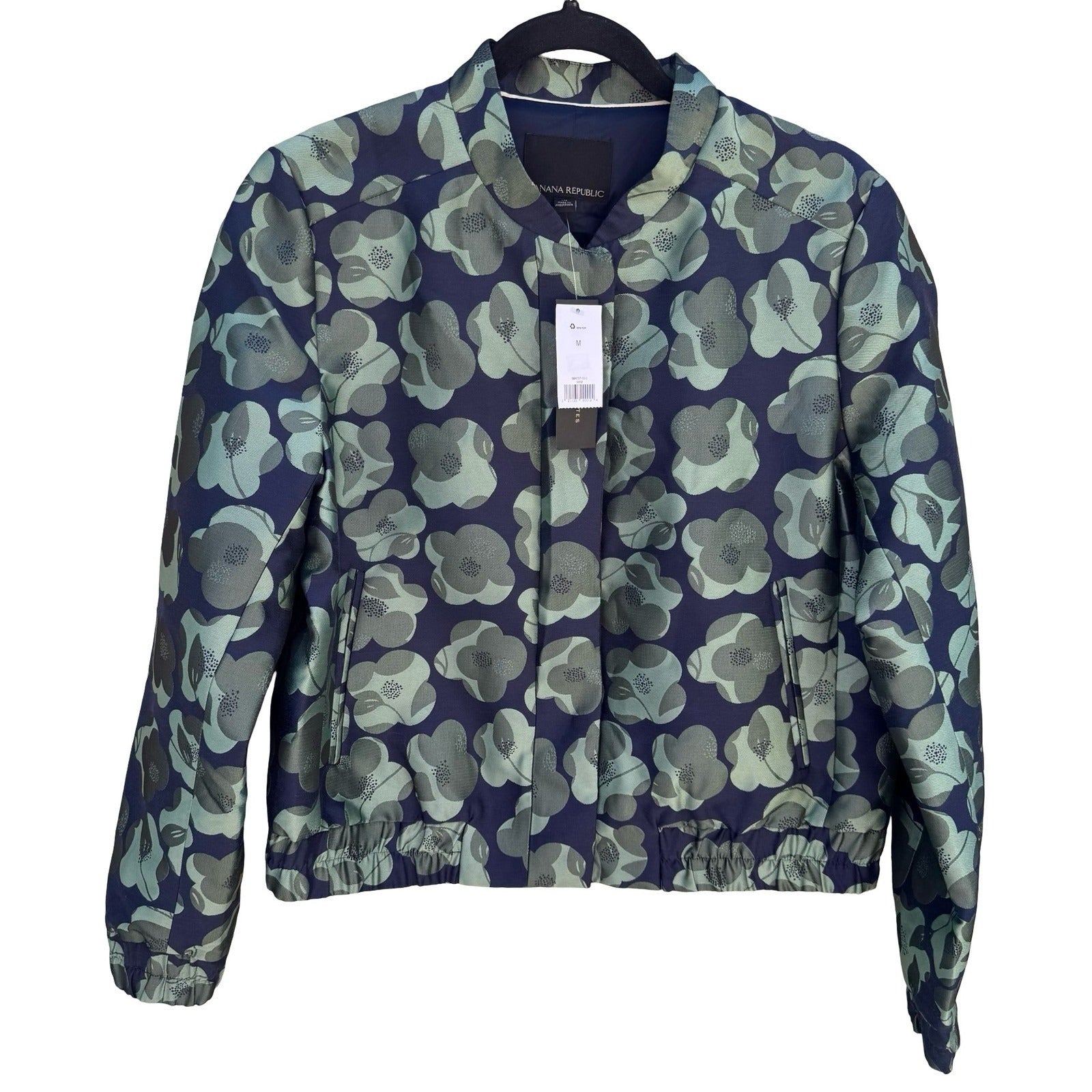 Banana Republic Navy Green Floral Jacquard Brocade Bomber Jacket Womens Med NEW