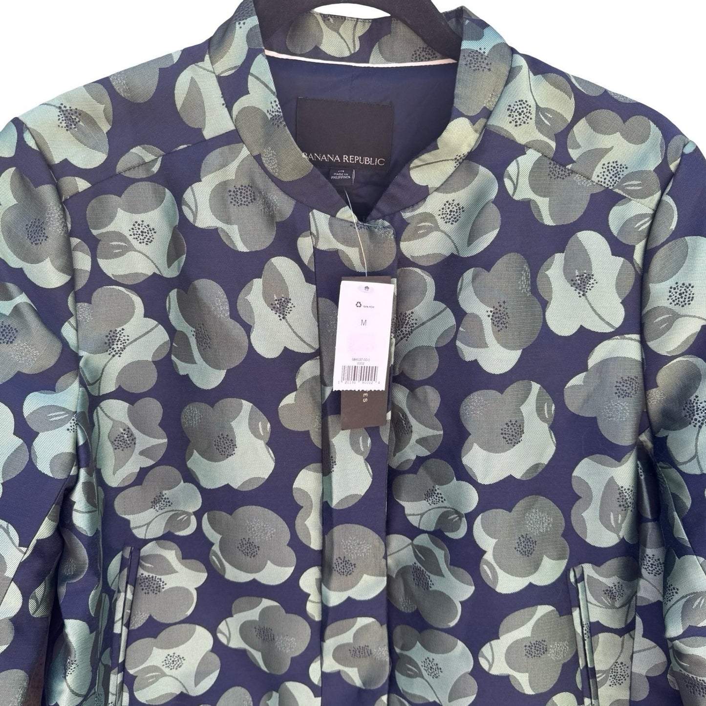 Banana Republic Navy Green Floral Jacquard Brocade Bomber Jacket Womens Med NEW