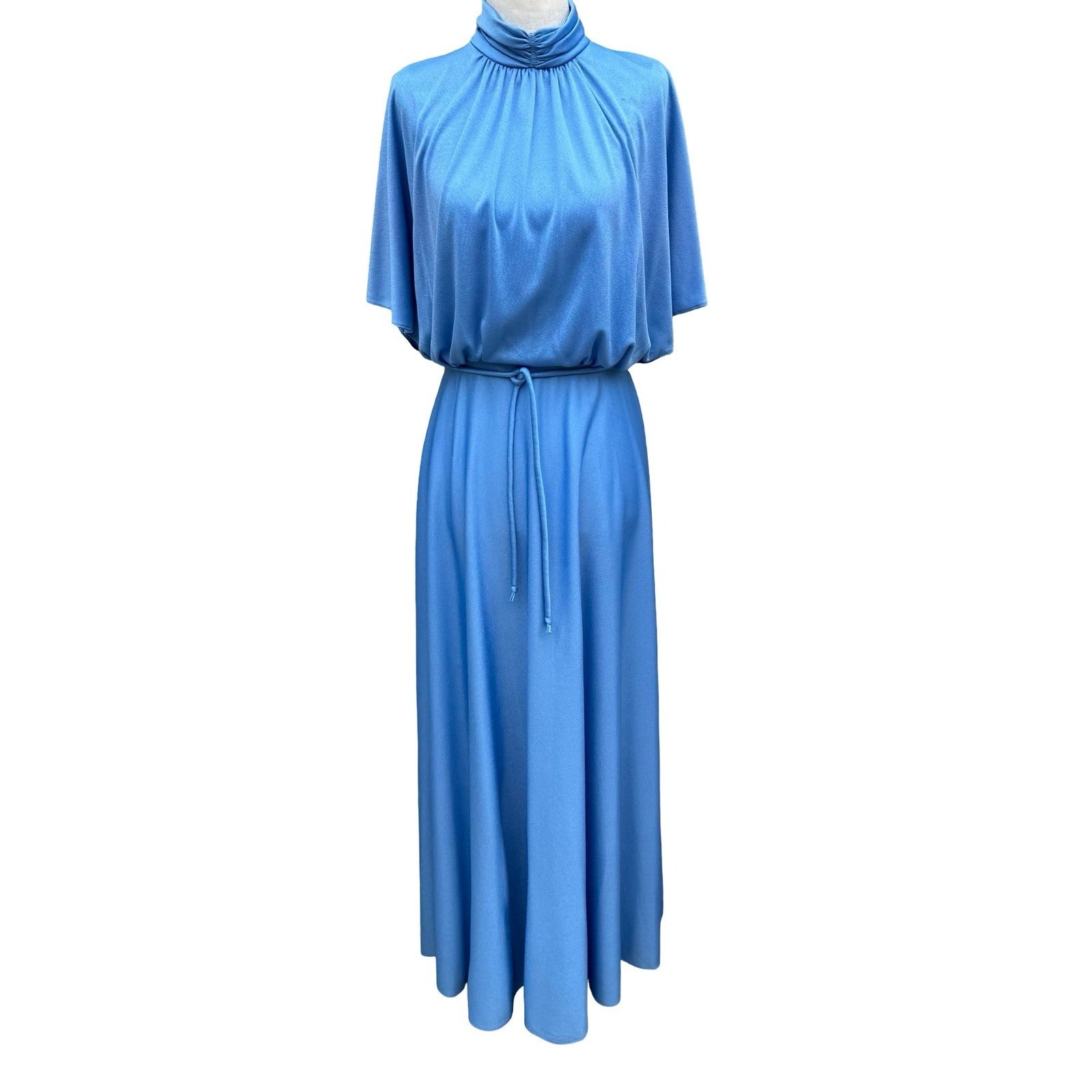 Vintage 70s Blue Mock Neck Cape Sleeve Maxi Dress Disco Gown Tie Waist Blue