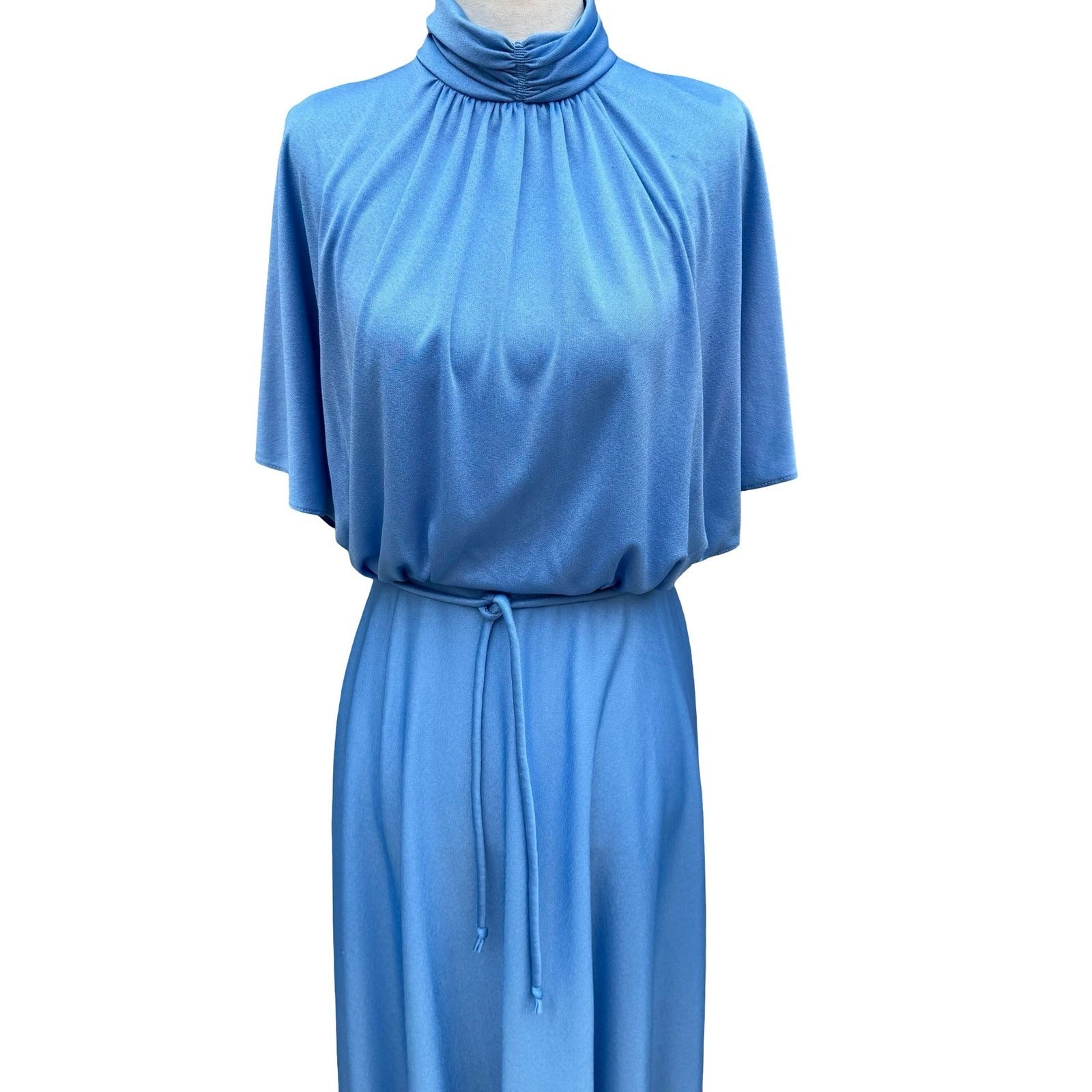 Vintage 70s Blue Mock Neck Cape Sleeve Maxi Dress Disco Gown Tie Waist Blue