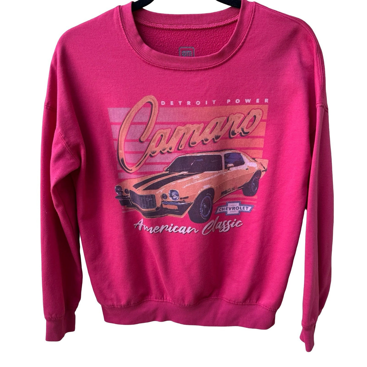 GM Chevrolet Camaro Detroit Power Retro Muscle Car Graphic Sweatshirt Pink XS