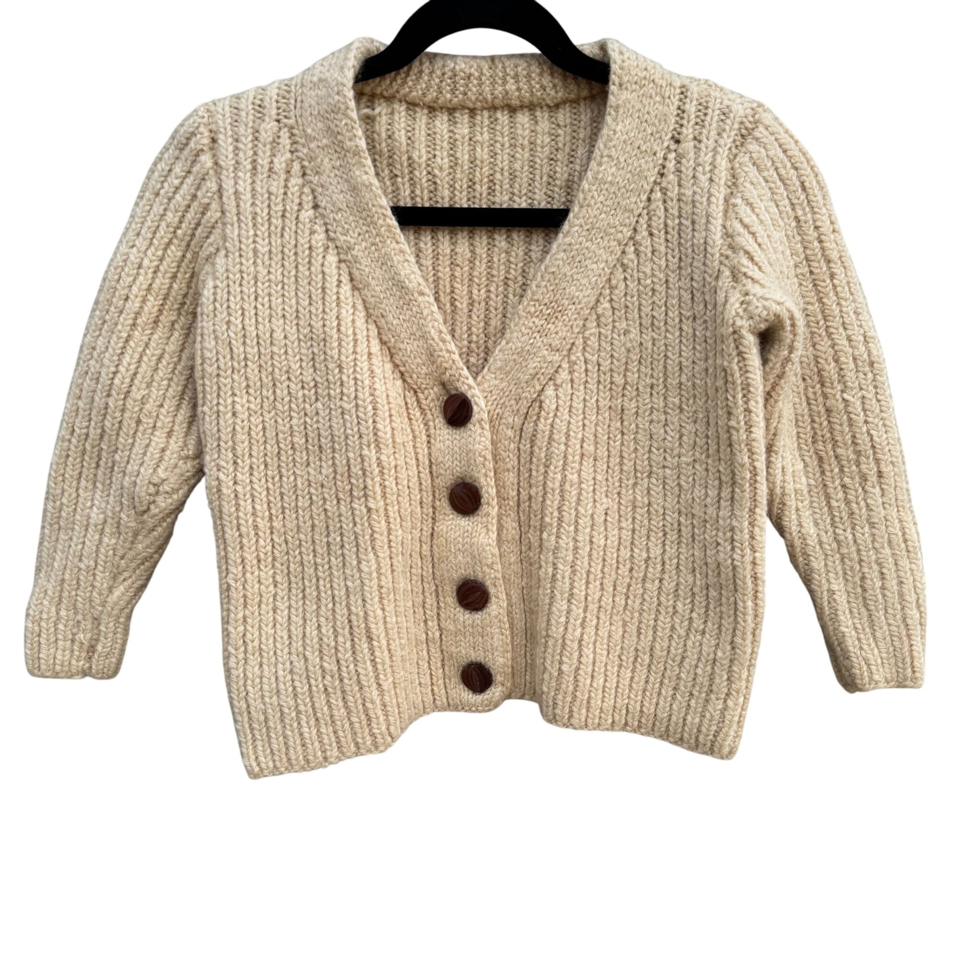 Handmade Vintage Womens Cream Wool Cropped Knit Wooden Button Cardigan Sweater S