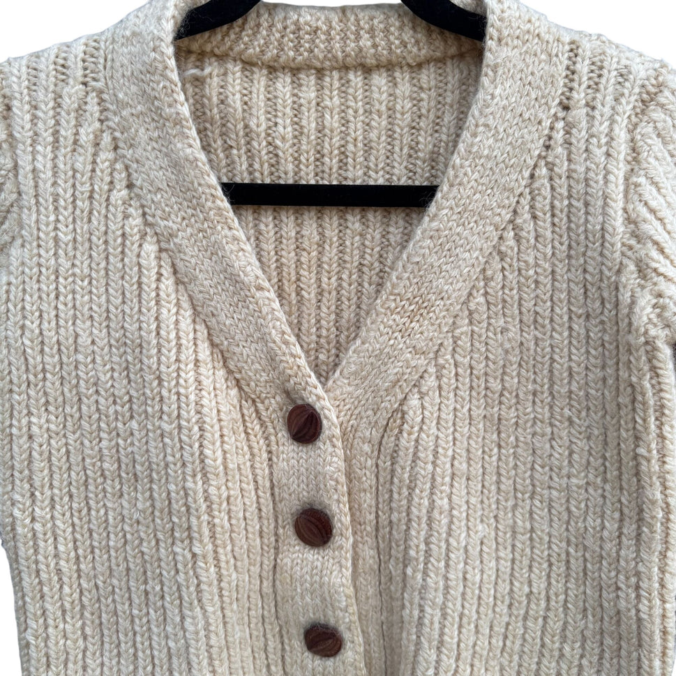 Handmade Vintage Womens Cream Wool Cropped Knit Wooden Button Cardigan Sweater S