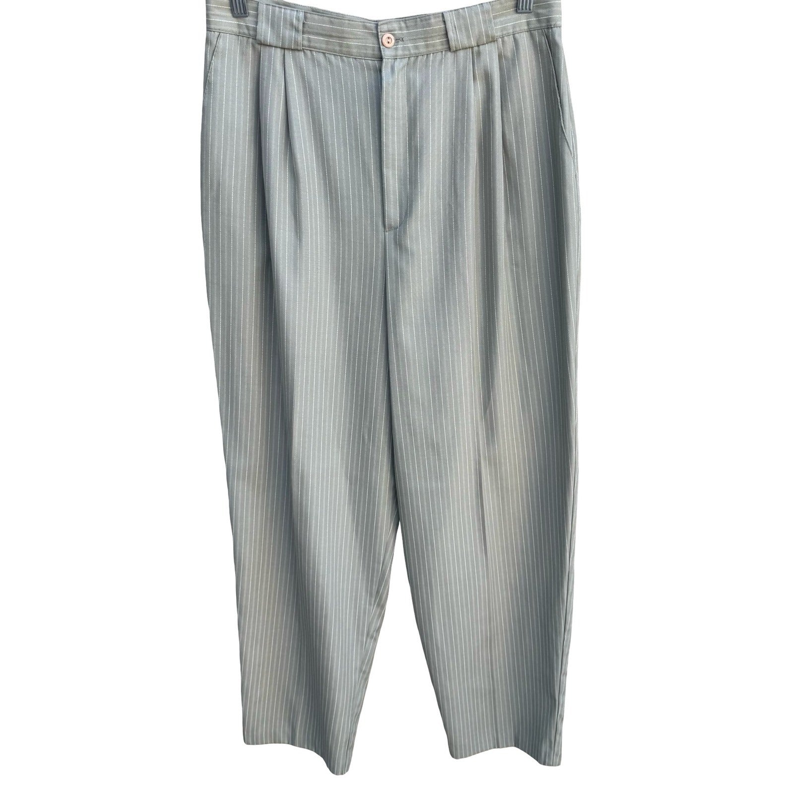 Tofy Vintage 80s Grey Pinstripe High Waisted Pleated Trousers Made in USA Womens