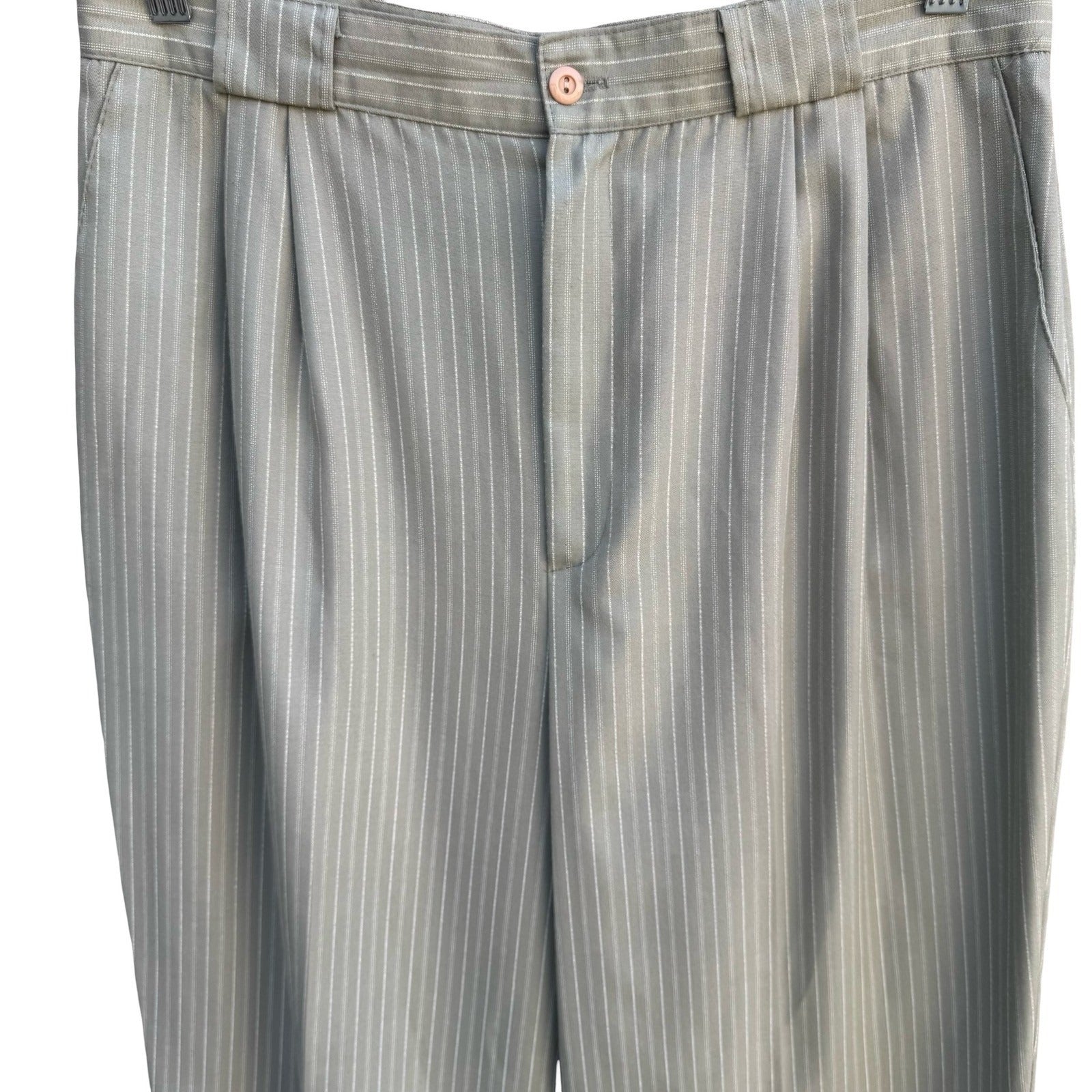Tofy Vintage 80s Grey Pinstripe High Waisted Pleated Trousers Made in USA Womens