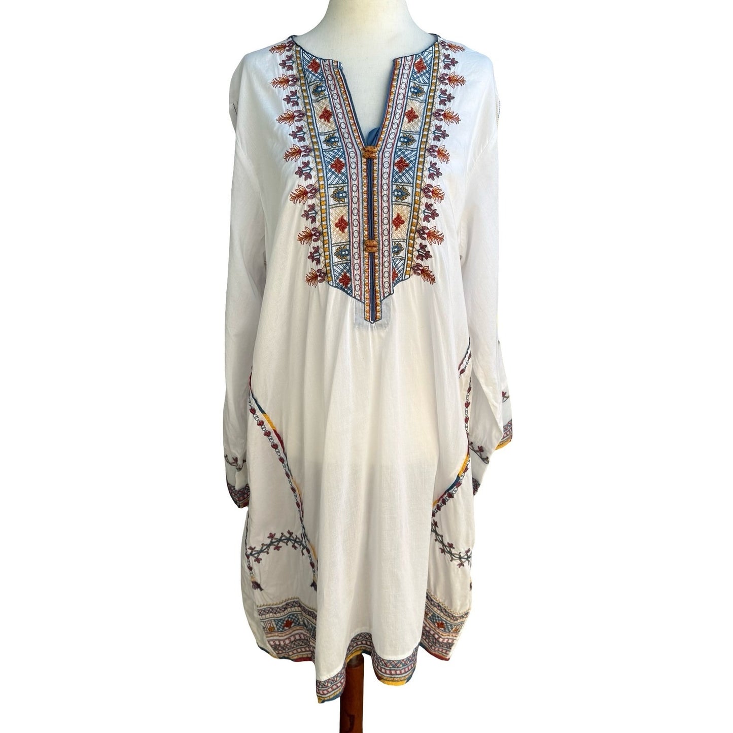 Sapphire Ethnic Tribe Boho Embroidered Peasant Tunic Kaftan Dress XL Flowy Beach