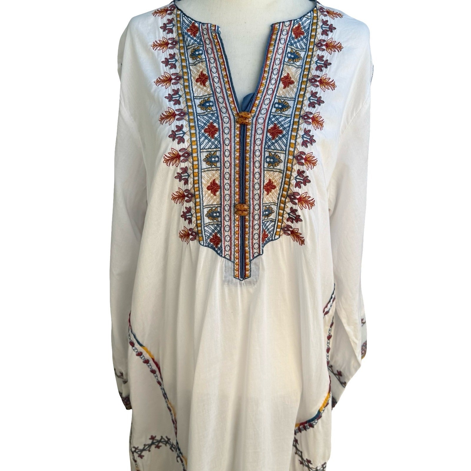 Sapphire Ethnic Tribe Boho Embroidered Peasant Tunic Kaftan Dress XL Flowy Beach
