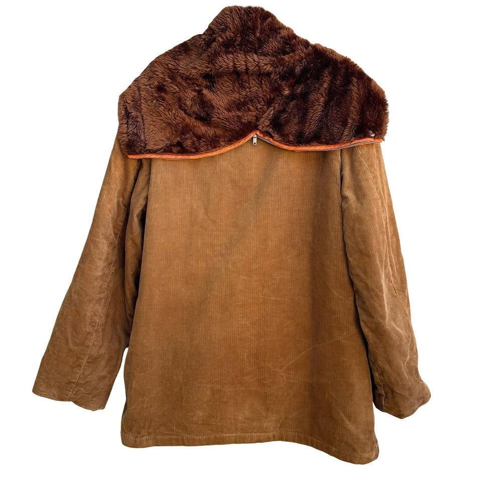 Val Cassi Vintage 70s Faux Fur Lined Corduroy Workwear Parka Jacket Tan Mens XL