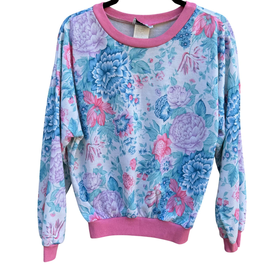 Booth Bay Vintage 80s Flower All Over Print Pink Blue Granny Cottage Sweatshirt M