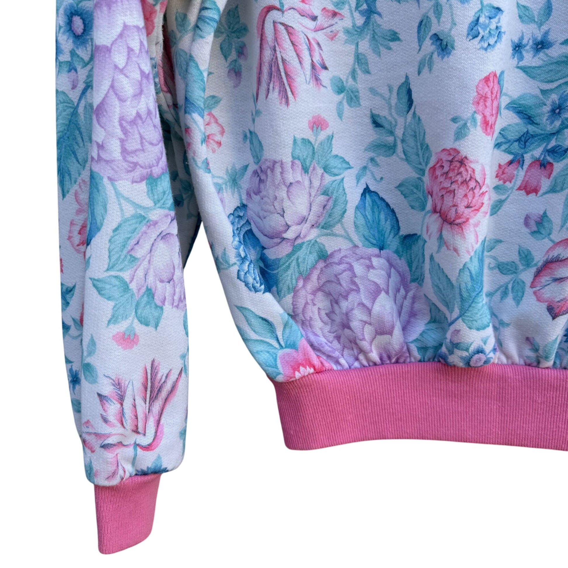 Booth Bay Vintage 80s Flower All Over Print Pink Blue Granny Cottage Sweatshirt M