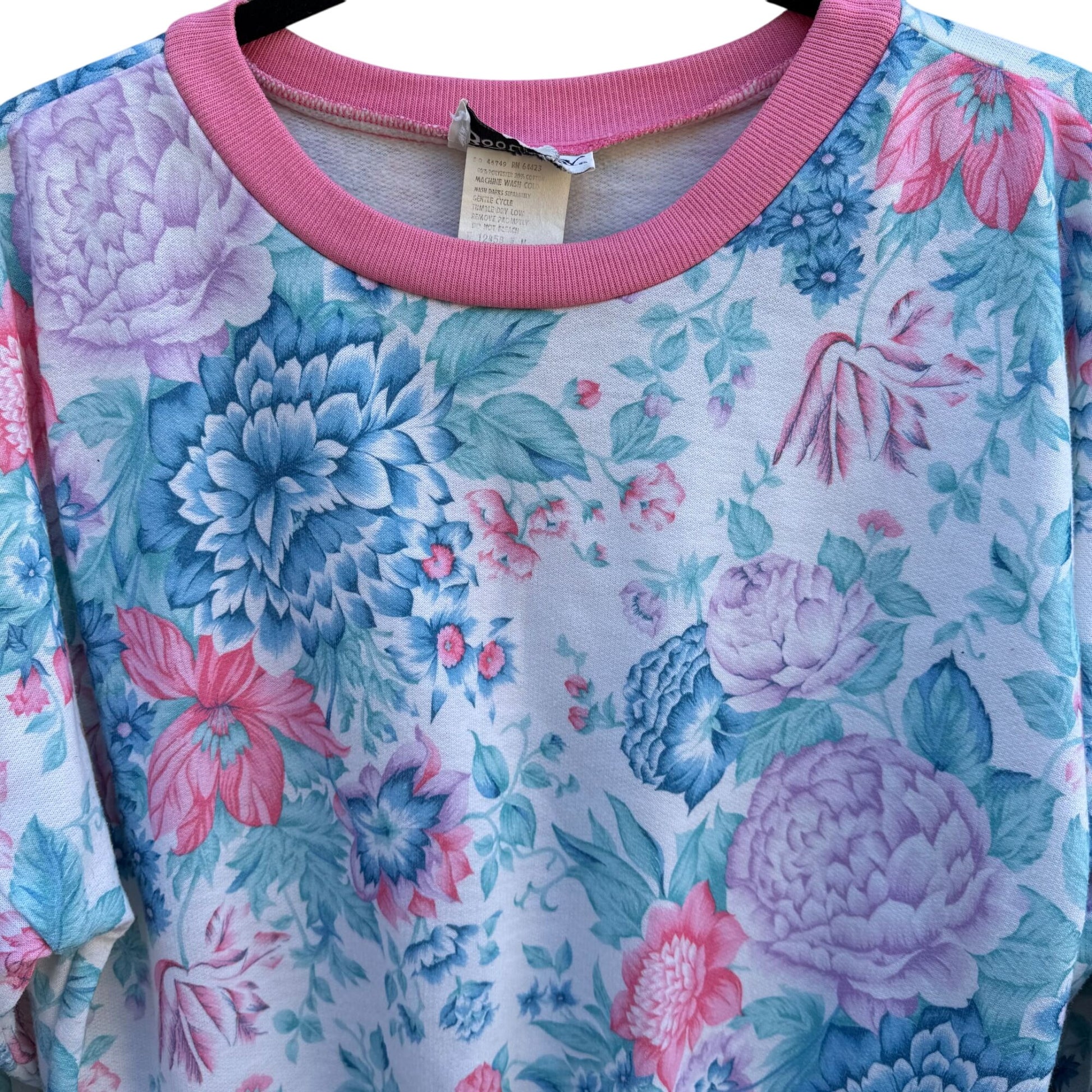 Booth Bay Vintage 80s Flower All Over Print Pink Blue Granny Cottage Sweatshirt M