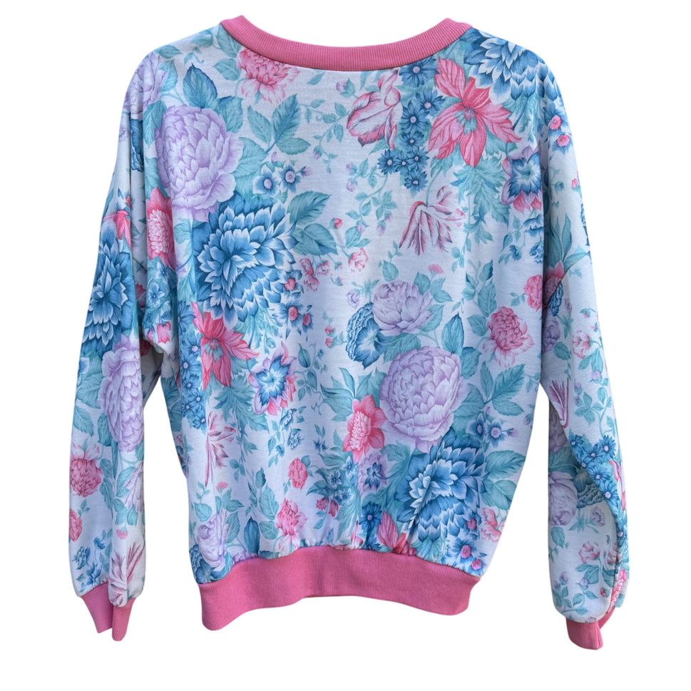 Booth Bay Vintage 80s Flower All Over Print Pink Blue Granny Cottage Sweatshirt M