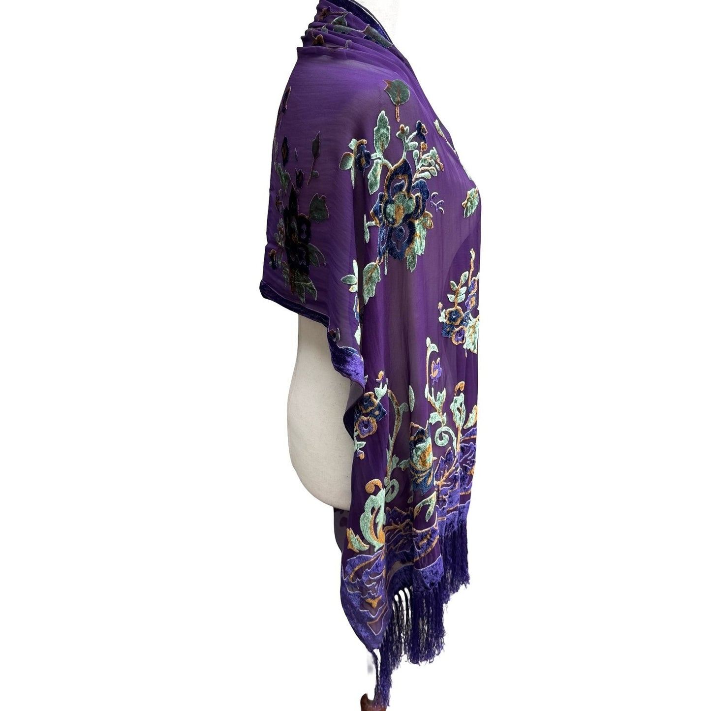Jinjiao Vintage Purple Floral Velvet Burnout Fringe Sheer Evening Shawl Wrap
