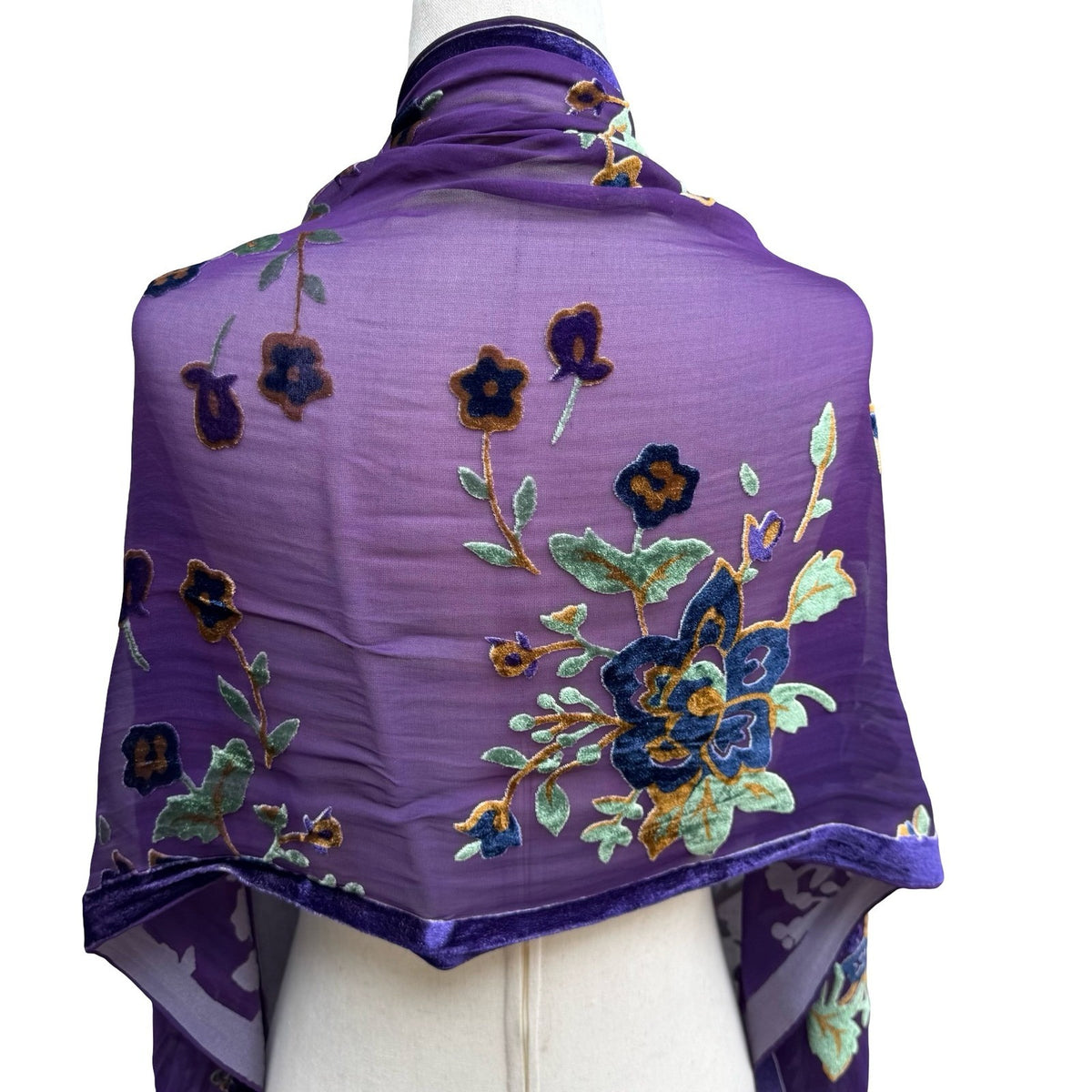 Jinjiao Vintage Purple Floral Velvet Burnout Fringe Sheer Evening Shawl Wrap