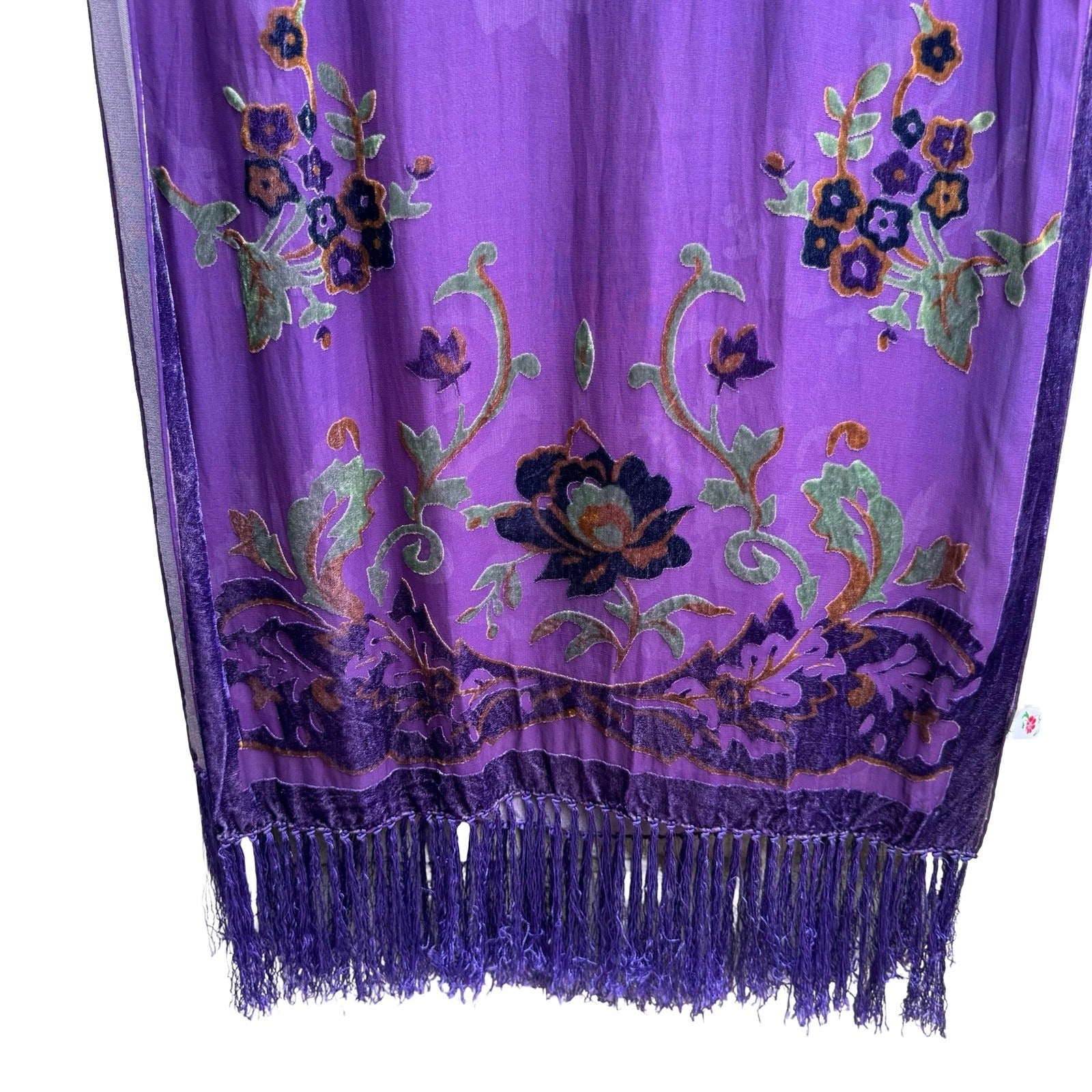 Jinjiao Vintage Purple Floral Velvet Burnout Fringe Sheer Evening Shawl Wrap