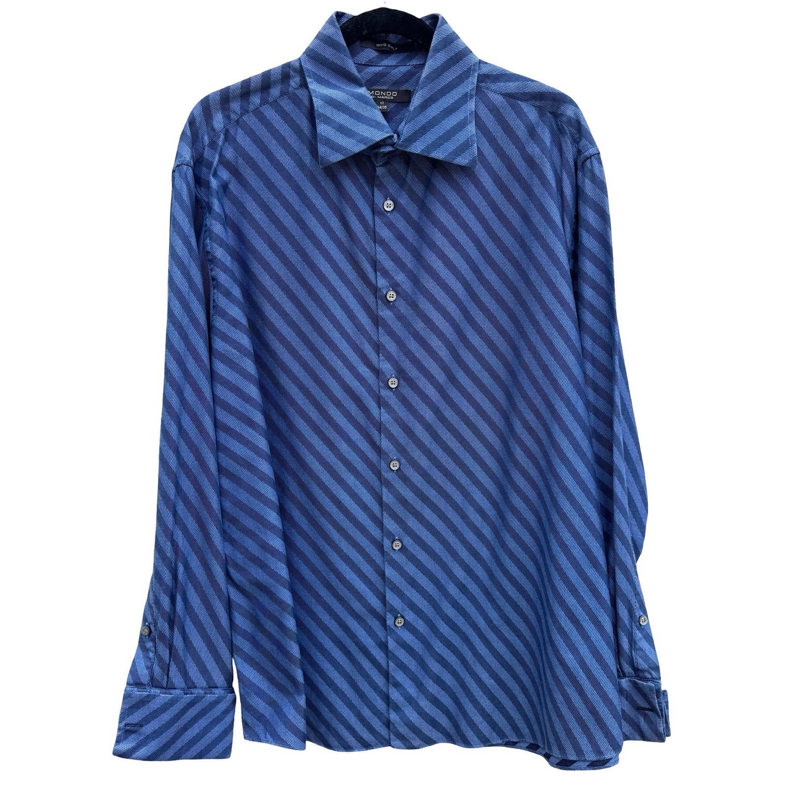 Mondo Di Marco Blue Diagonal Stripe 80s 2-Ply French Cuff Dress Shirt 17 34/35