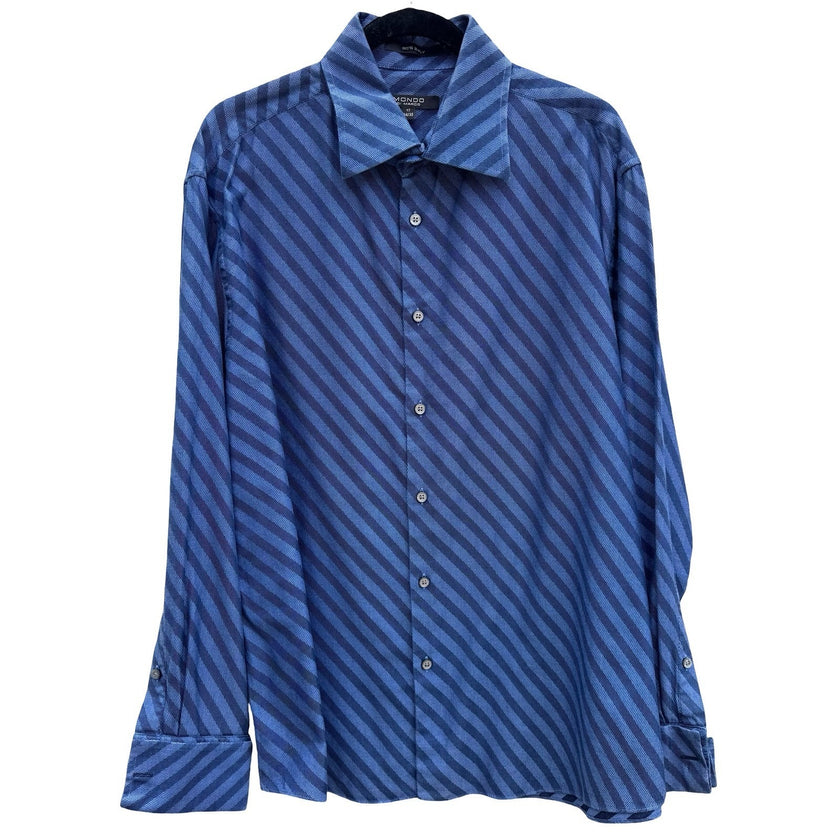 Mondo Di Marco Blue Diagonal Stripe 80s 2-Ply French Cuff Dress Shirt 17 34/35