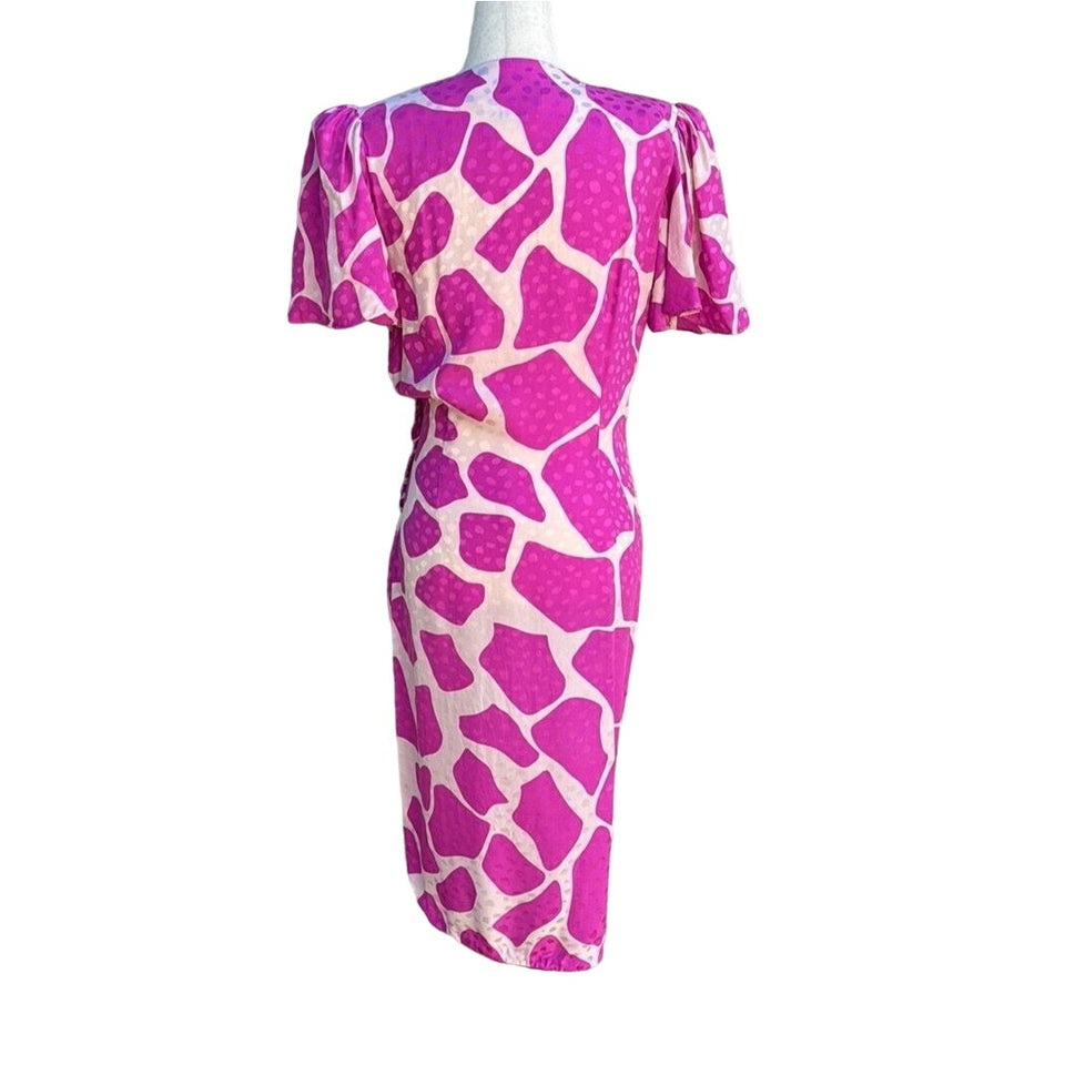 Flora Kung Vintage Silk Pink Abstract Print Side Ruched Dress With Puff Sleeves