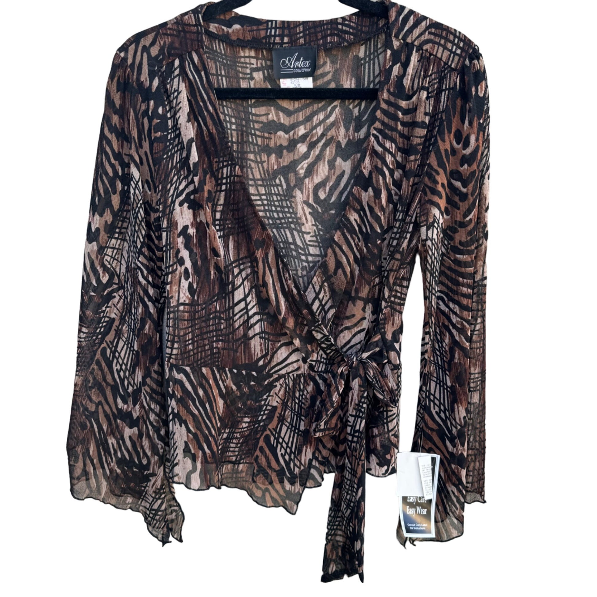 Artex Collection Women's Deep V Neck Semi Sheer Brown Animal Print Wrap Blouse M